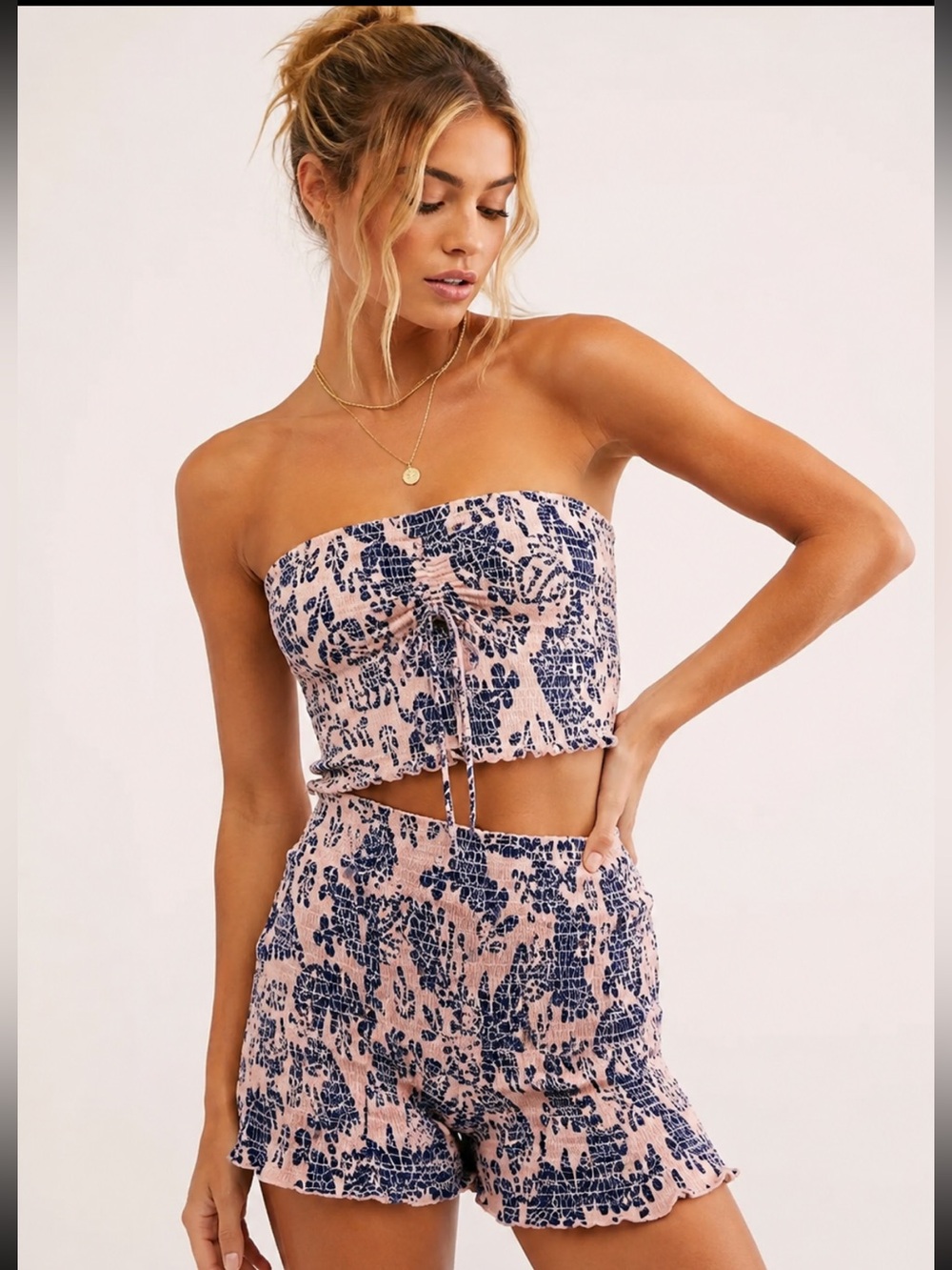 Free People FP One Maia Smocked Bandeau Shorts Matching Set M